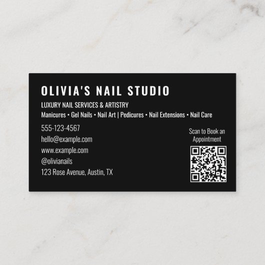White Black Qr-Code Script Line-Art Nail Salon 名刺 (裏面)