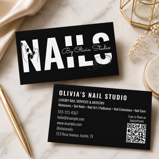 White Black Qr-Code Script Line-Art Nail Salon 名刺