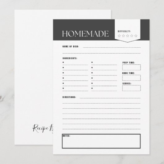 White & Black Recipe Card Digital Download 招待状 (正面/裏面)
