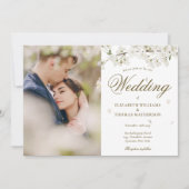 White Blossomフローラ金ゴールドスクリプトの写真 招待状 (正面)