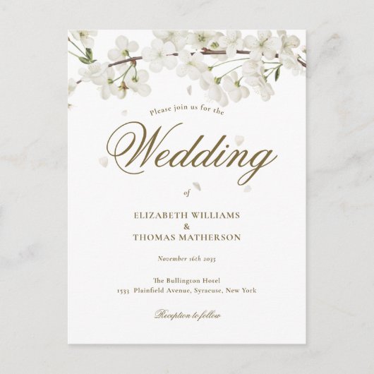 White Blossomフローラ金ゴールド結婚スクリプト インビテーションポストカード (正面)