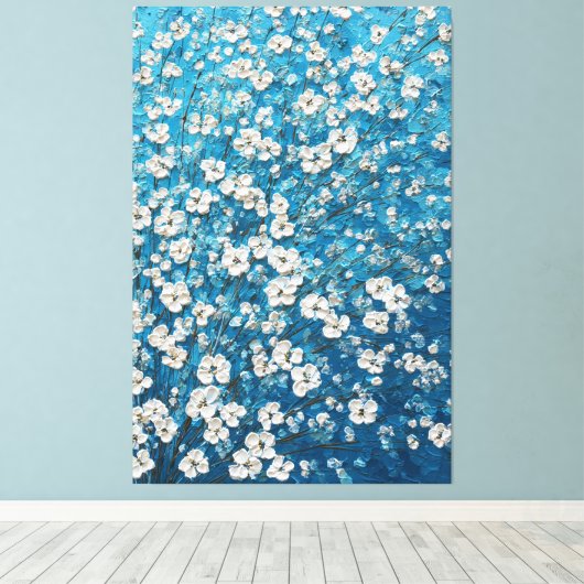 White Blossom Branches on Blue Abstract Wall Art キャンバスプリント (インサイチュ (ウッドフロア))