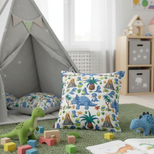 White, Blue, and Green Dinosaur Pillow クッション