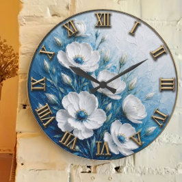 White Blue Anemone Elegant Botanical Floral Decor ラージ壁時計