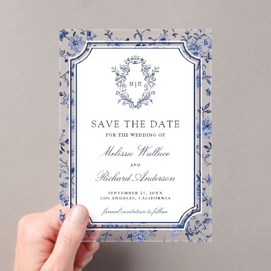 White Blue Chinoiserie Crest Wedding Save the Date アクリル招待状 (インサイチュ (ポータブル))