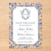 White Blue Chinoiserie Crest Wedding Save the Date アクリル招待状 (正面)