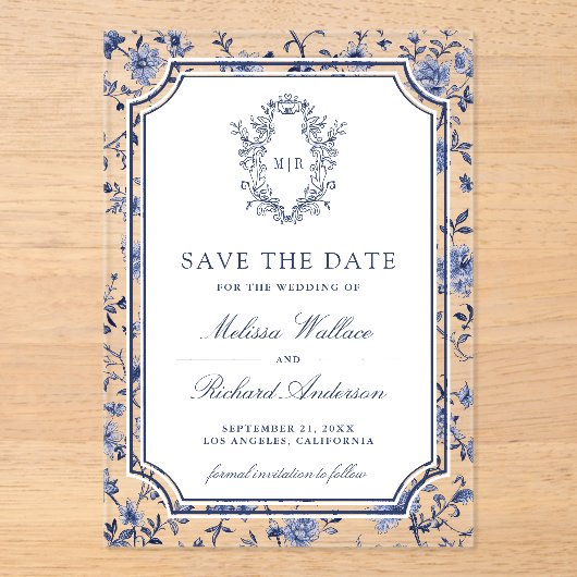 White Blue Chinoiserie Crest Wedding Save the Date アクリル招待状 (正面)