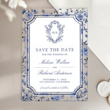 White Blue Chinoiserie Crest Wedding Save the Date