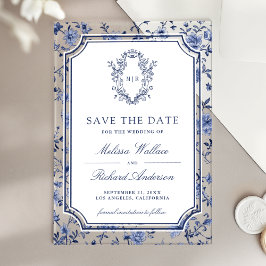 White Blue Chinoiserie Crest Wedding Save the Date アクリル招待状