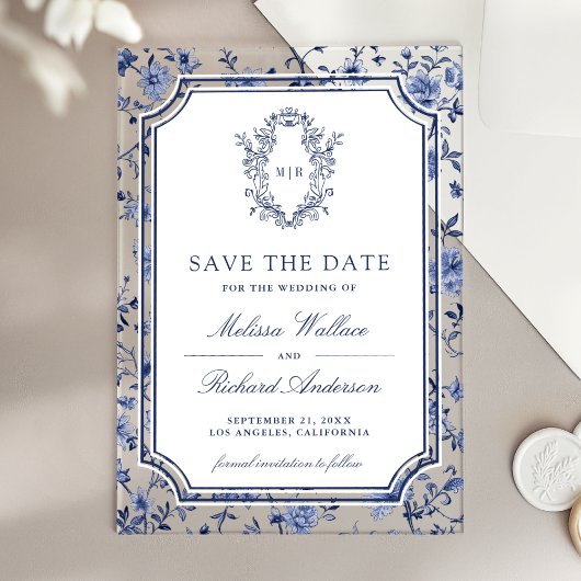 White Blue Chinoiserie Crest Wedding Save the Date アクリル招待状