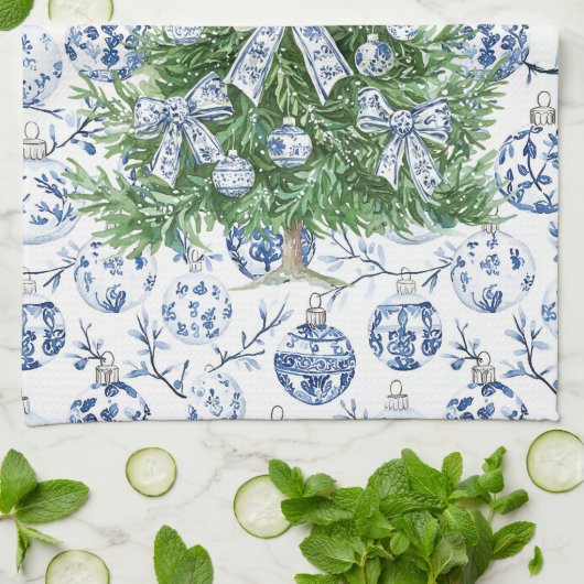 White Blue Christmas Ornaments Tree with Bows キッチンタオル (折り畳み)