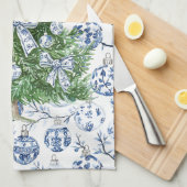 White Blue Christmas Ornaments Tree with Bows キッチンタオル (四つ折り)