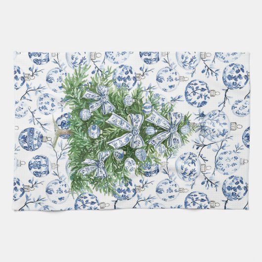 White Blue Christmas Ornaments Tree with Bows キッチンタオル (横)