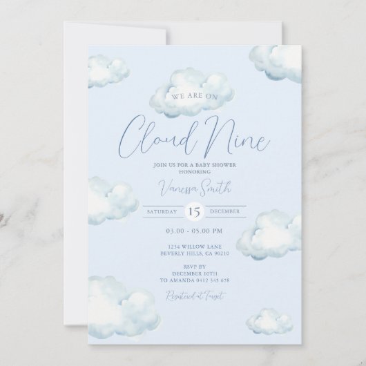 White Blue Cloud Nine Baby Shower Party 招待状 (正面)
