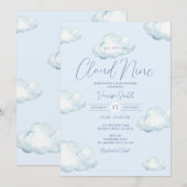 White Blue Cloud Nine Baby Shower Party 招待状 (正面/裏面)