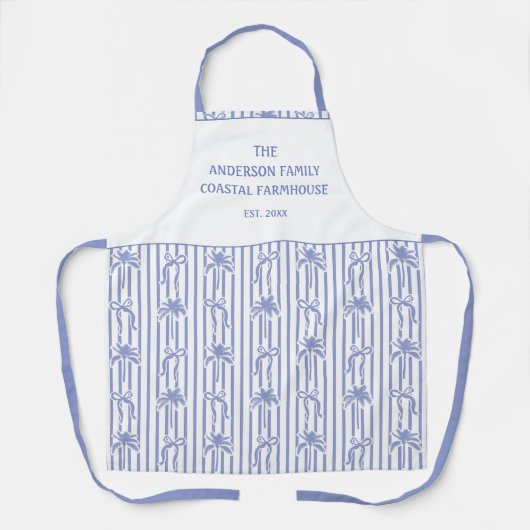 White Blue Coastal Chic Palm Trees Bows Stripes エプロン (正面)