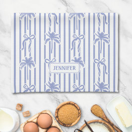 White Blue Coastal Chic Palm Trees Bows Stripes キッチンタオル