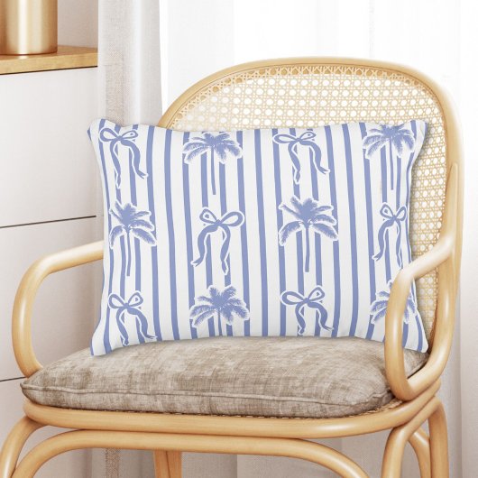 White Blue Coastal Palm Trees Bows Stripes Pattern アクセントクッション