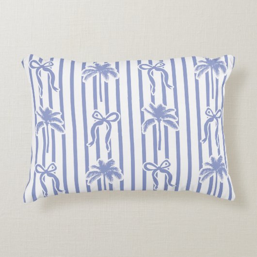 White Blue Coastal Palm Trees Bows Stripes Pattern アクセントクッション (正面)