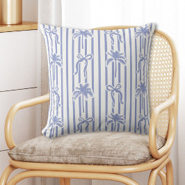 White Blue Coastal Palm Trees Bows Stripes Pattern クッション