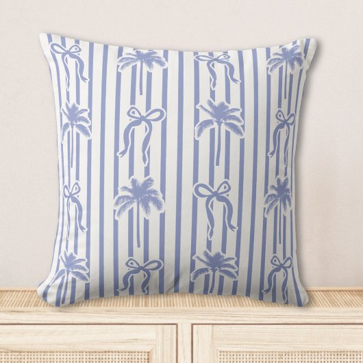 White Blue Coastal Palm Trees Bows Stripes Pattern クッション