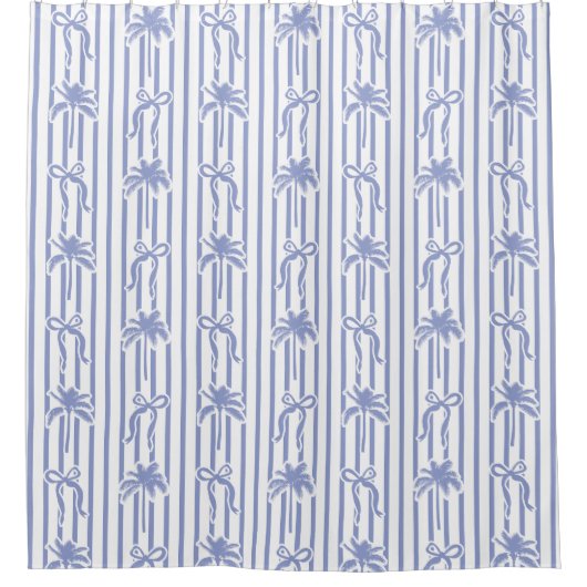 White Blue Coastal Palm Trees Bows Stripes Pattern シャワーカーテン (正面)