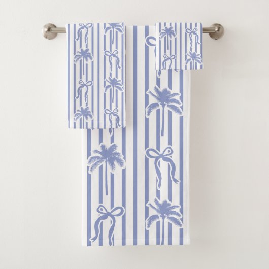 White Blue Coastal Palm Trees Bows Stripes Pattern バスタオルセット (インサイチュ)