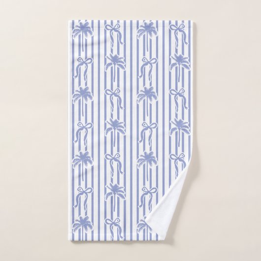 White Blue Coastal Palm Trees Bows Stripes Pattern バスタオルセット (ハンドタオル)