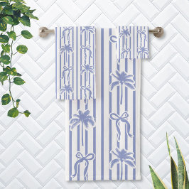 White Blue Coastal Palm Trees Bows Stripes Pattern バスタオルセット