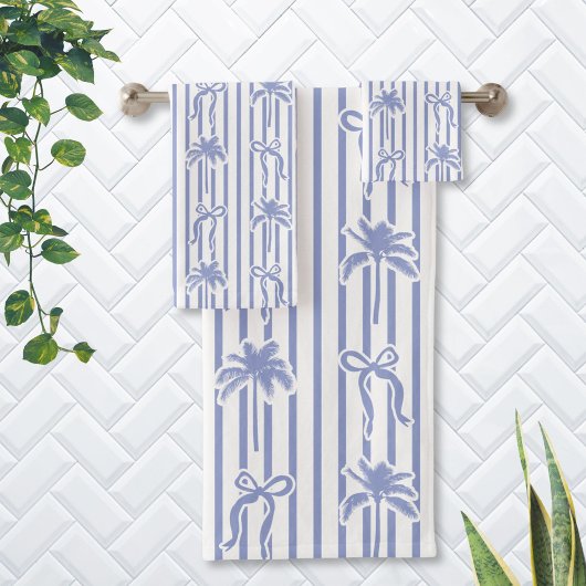 White Blue Coastal Palm Trees Bows Stripes Pattern バスタオルセット