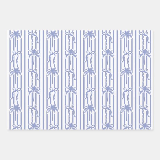 White Blue Coastal Palm Trees Bows Stripes Pattern ラッピングペーパーシート (正面)