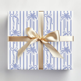 White Blue Coastal Palm Trees Bows Stripes Pattern ラッピングペーパー