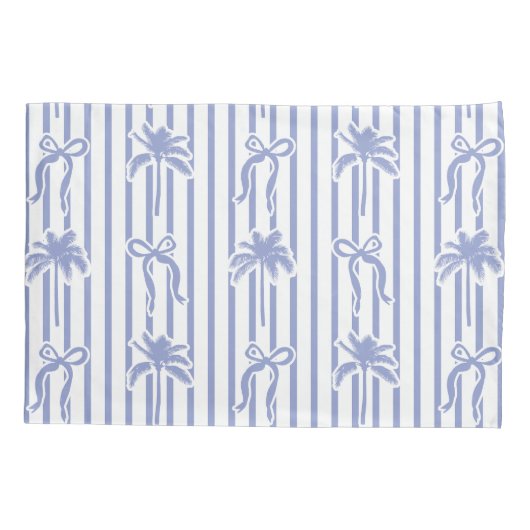 White Blue Coastal Palm Trees Bows Stripes Pattern 枕カバー (裏面)
