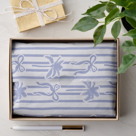 White Blue Coastal Palm Trees Bows Stripes Pattern 薄葉紙 (ギフト)