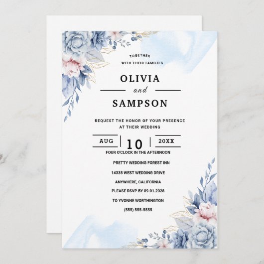 White blue elegant wedding 招待状 (正面/裏面)