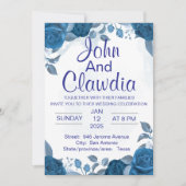 white blue floral geometric wedding invitation 招待状 (正面)