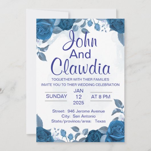 white blue floral geometric wedding invitation 招待状 (正面)
