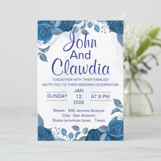 white blue floral geometric wedding invitation 招待状 (スタンド正面)