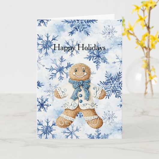 White Blue Gingerbread Man Cookie Christmas  カード (黄色い花)