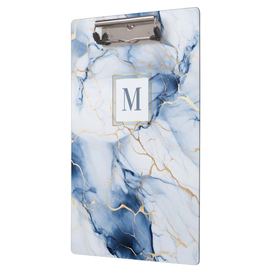White Blue Gold Marble Monogram Initial Clipboard クリップボード (左)