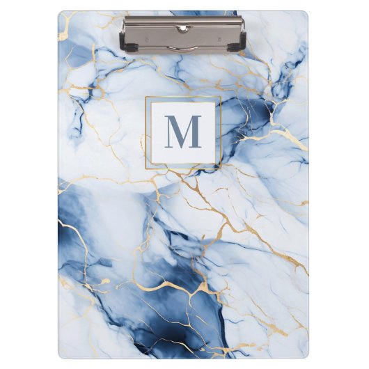 White Blue Gold Marble Monogram Initial Clipboard クリップボード (正面)