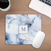 White Blue Gold Marble Monogram Initial Mousepad マウスパッド