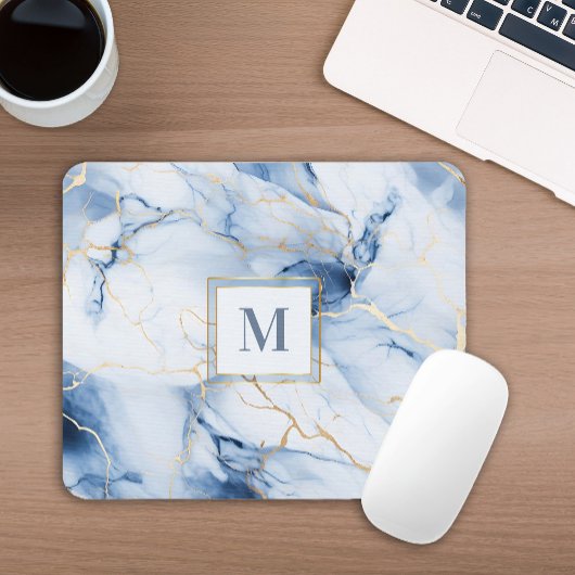 White Blue Gold Marble Monogram Initial Mousepad マウスパッド