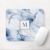 White Blue Gold Marble Monogram Initial Mousepad マウスパッド (マウス)
