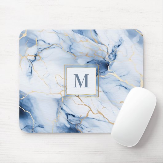 White Blue Gold Marble Monogram Initial Mousepad マウスパッド (マウス)