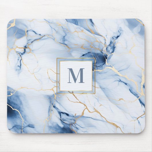 White Blue Gold Marble Monogram Initial Mousepad マウスパッド (正面)