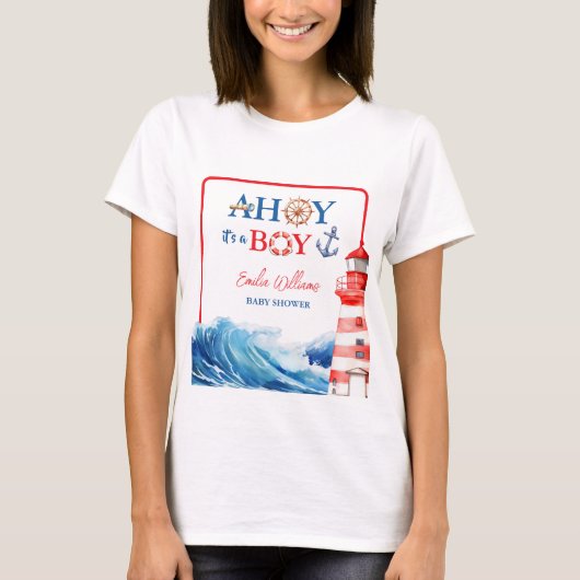 White Blue Red Nautical Ahoy Boy Lighthouse Tシャツ (正面)