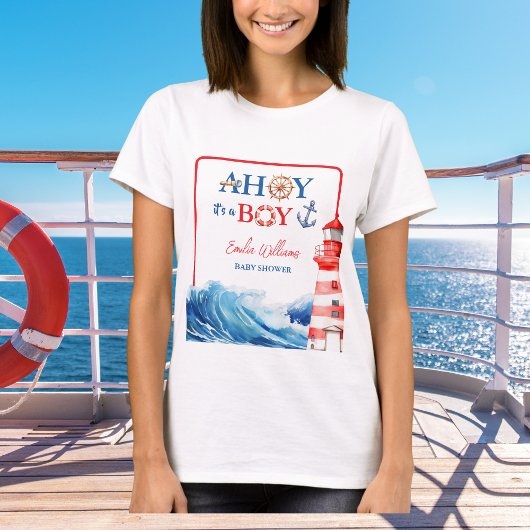 White Blue Red Nautical Ahoy Boy Lighthouse Tシャツ