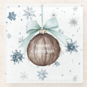 White Blue Snowflakes Christmas Coconut Bow ガラスコースター (正面)