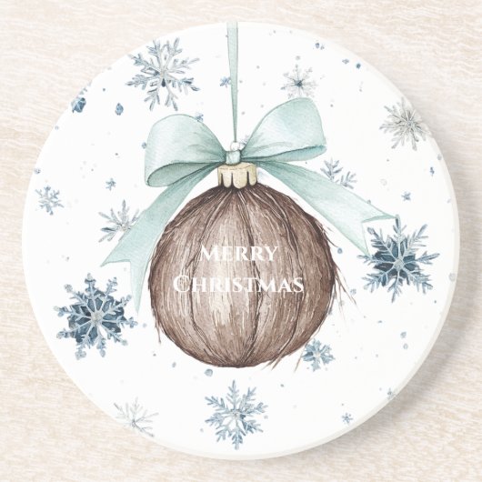 White Blue Snowflakes Christmas Coconut Bow コースター (正面)